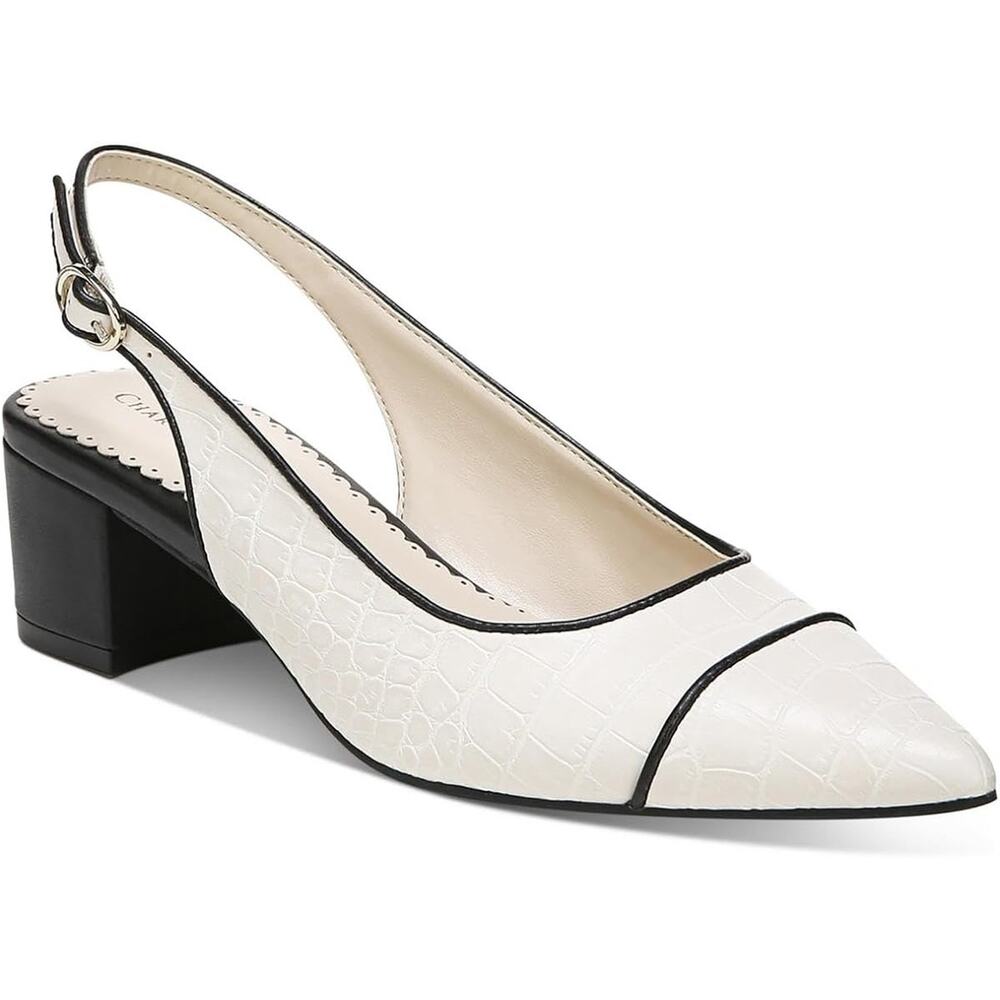 Chic White Slingback Block Heel Shoes Kitten Heel Black And White